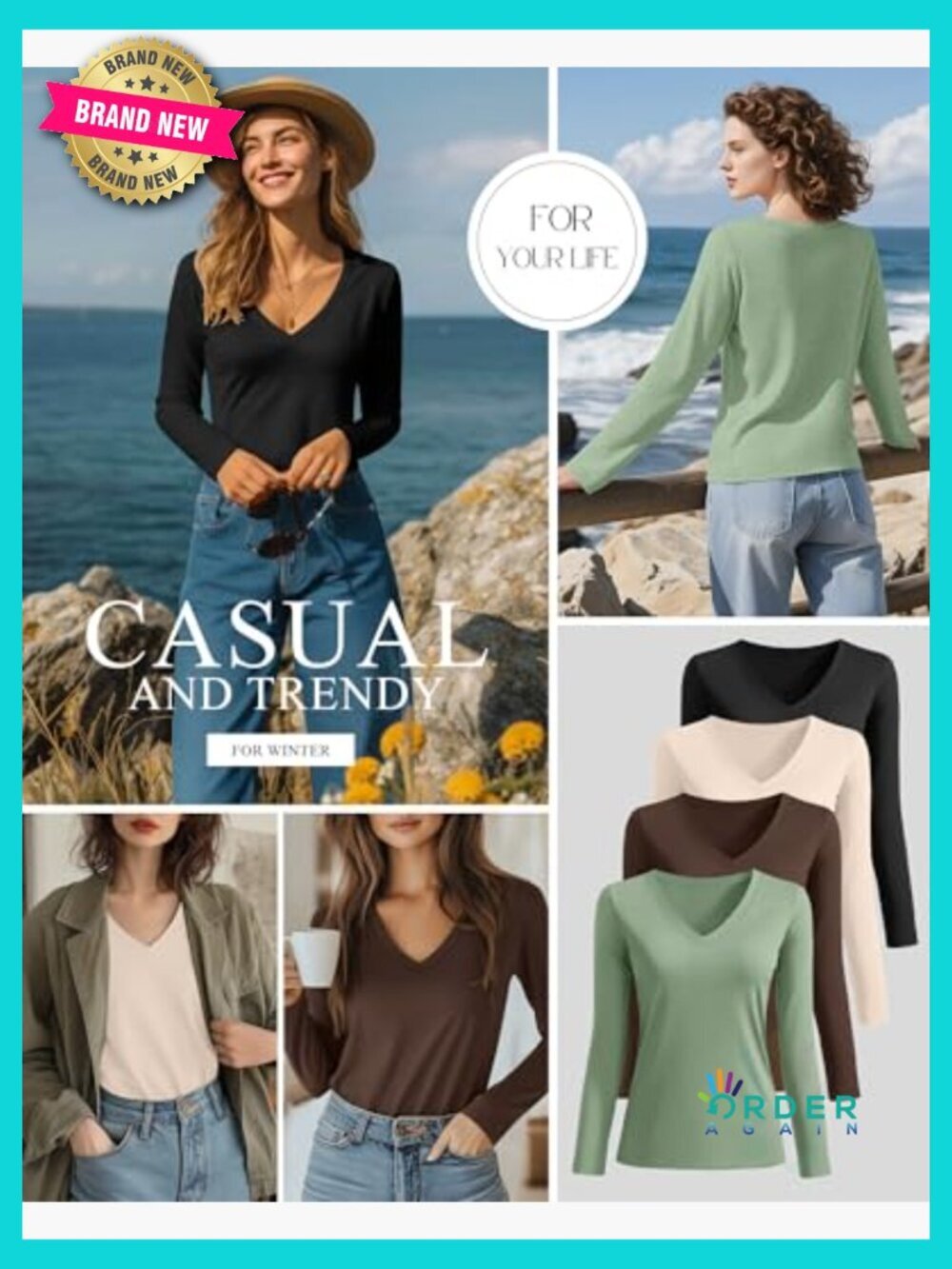 4 Pack V Neck Long Sleeve T-Shirts Loose Fit Basic Layering Tops Soft Casual - Picture 3 of 7
